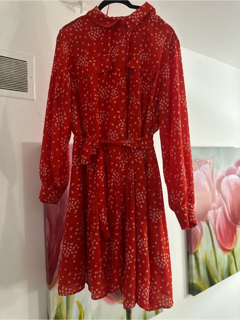 Red Floral Tie-Waist woman midi Dress